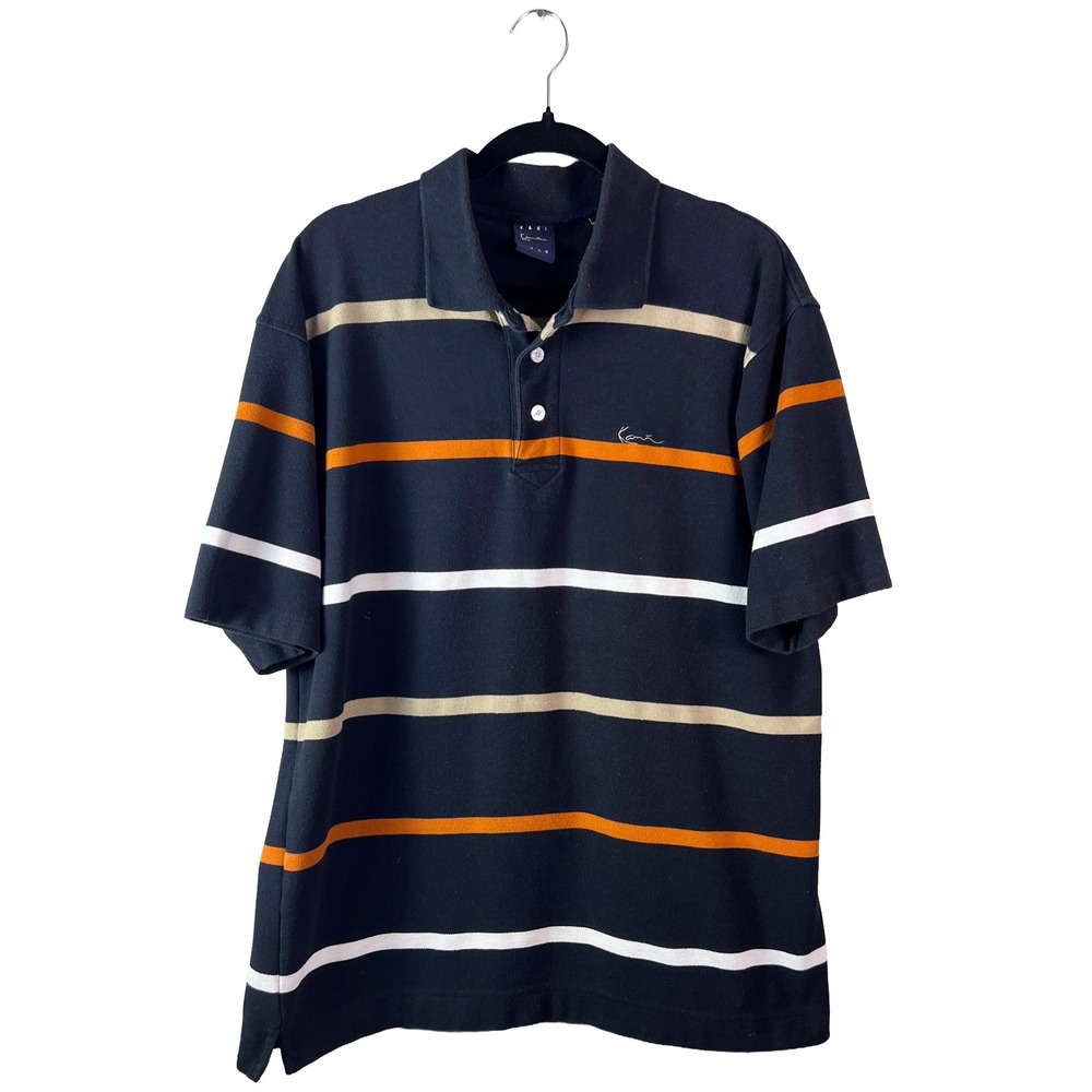 Y2K Vintage Karl Kani Gold Polo Shirt Men's XL Black Striped Streetwear